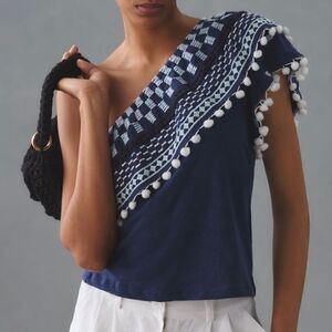 Anthropologie Pom-Tassle One-Shoulder Top | Size: Small | Color: Blue